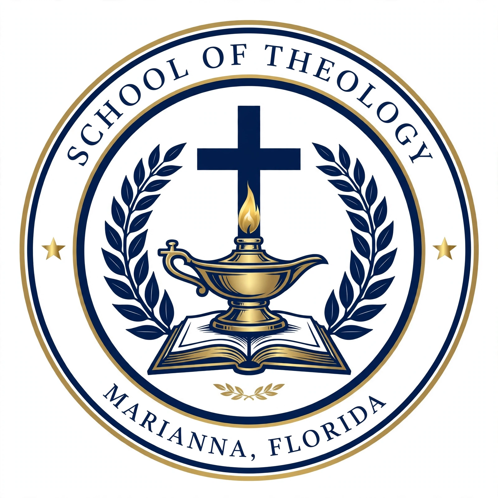 The seal of the School of Theology — the cross, the lamp of learning, and the open Bible, Marianna, Florida